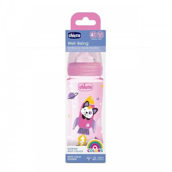 CHICCO BIBERON EN PLASTIQUE 330 ML 4 MOIS + ROSE