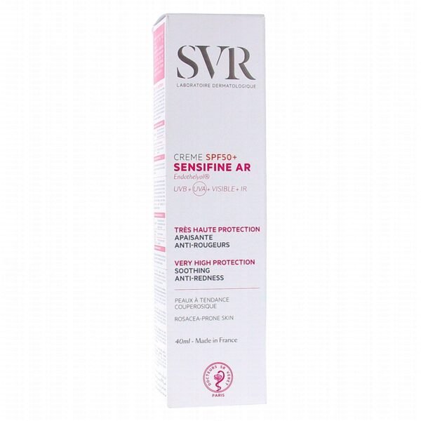 SVR Sensifine AR Crème SPF50+ 50 ml est une très haute protection solaire (filtres UVA et UVB) apaisante anti-rougeurs qui protège, hydrate et apaise.
