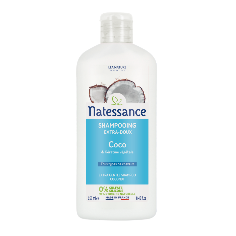 Shampoing Natessance Coco nourrissant pour cheveux secs et ternes.
