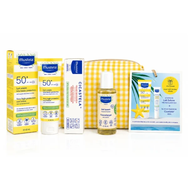 mustela-trousse-jaune-lait-solaire-100mlcicastela-creme-reparatrice-40mlgel-lavant-bio-45ml_Bpharma tunisie